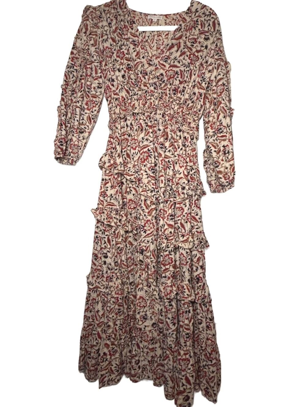 Anna Cate Louise Ruffle Dress XS Floral Block Print Cotton Midi